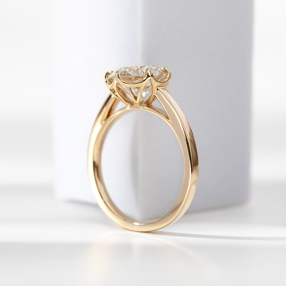 Round Brilliant - Cut Lab Diamond Solitaire Ring with Floral Basket Setting - FIORESE JEWELRY