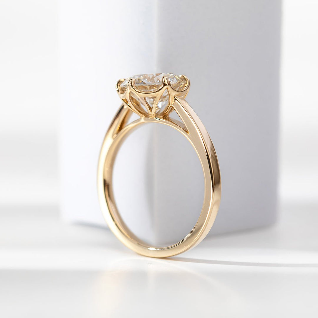 Round Brilliant - Cut Lab Diamond Solitaire Ring with Floral Basket Setting - FIORESE JEWELRY