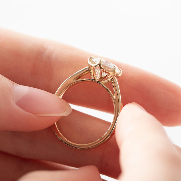 Round Brilliant - Cut Lab Diamond Solitaire Ring with Floral Basket Setting - FIORESE JEWELRY