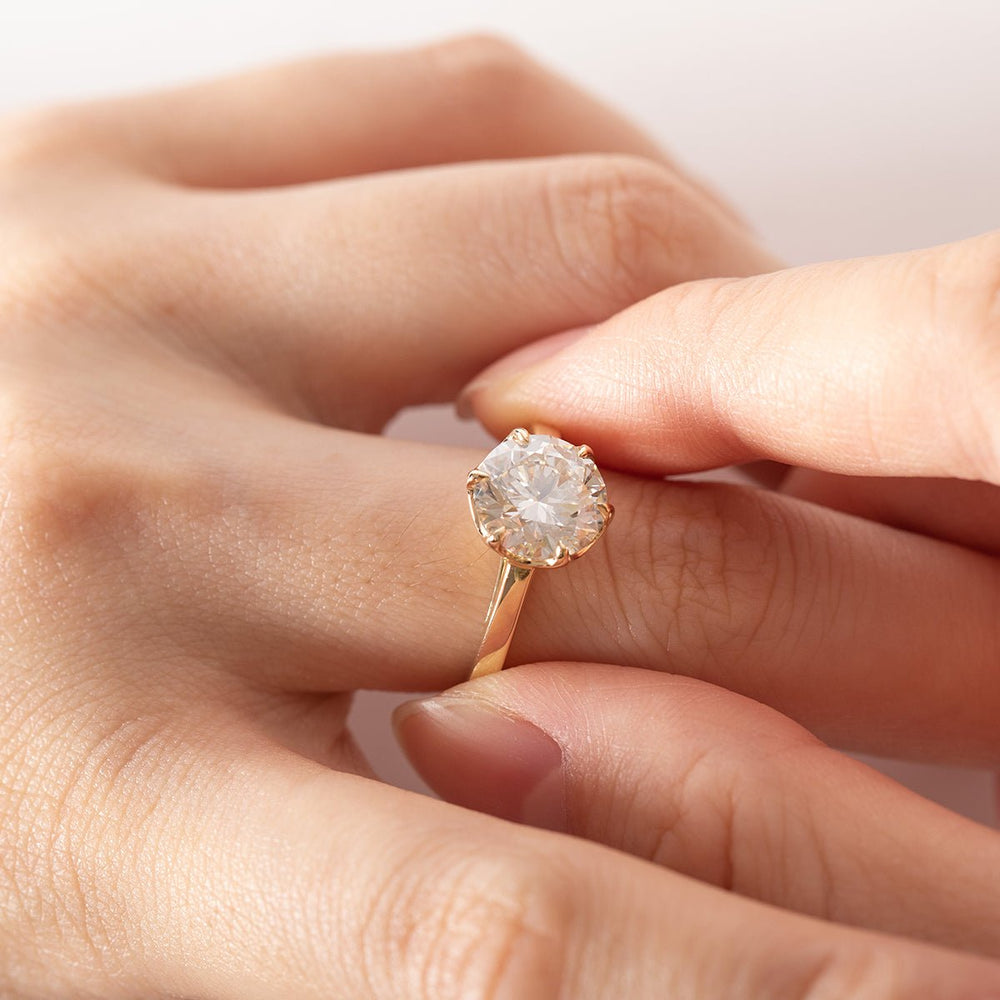 Round Brilliant - Cut Lab Diamond Solitaire Ring with Floral Basket Setting - FIORESE JEWELRY