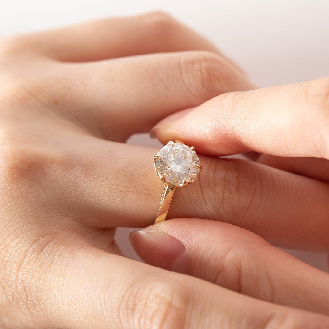 Round Brilliant - Cut Lab Diamond Solitaire Ring with Floral Basket Setting - FIORESE JEWELRY