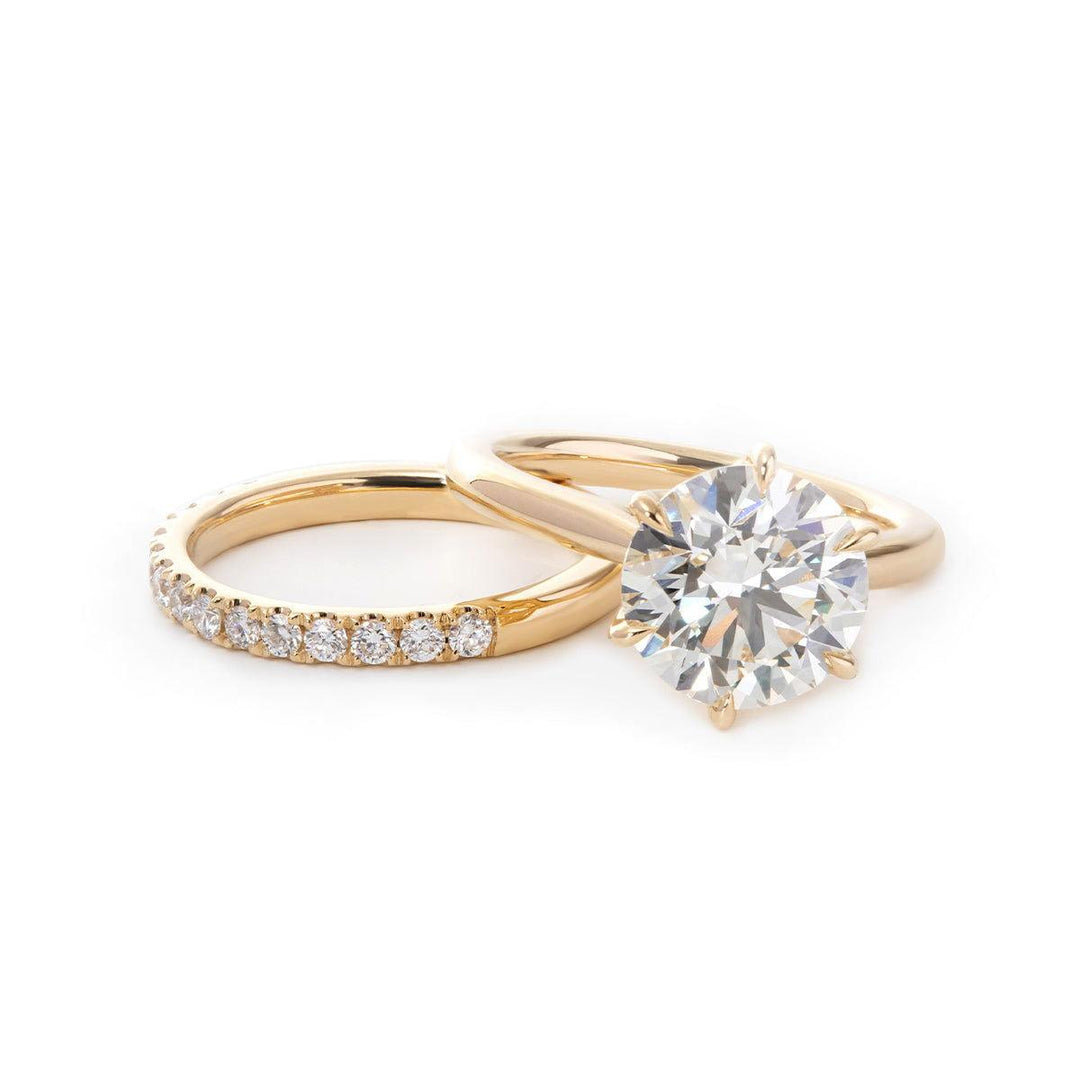 Round Lab Diamond 6 - Claw Tulip Cathedral Bridal Set — Engagement Ring with Half Eternity U - Shaped Pavé Band - FIORESE JEWELRY