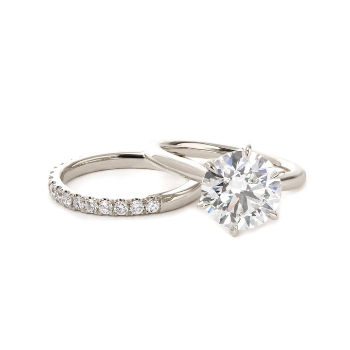 Round Lab Diamond 6 - Claw Tulip Cathedral Bridal Set — Engagement Ring with Half Eternity U - Shaped Pavé Band - FIORESE JEWELRY