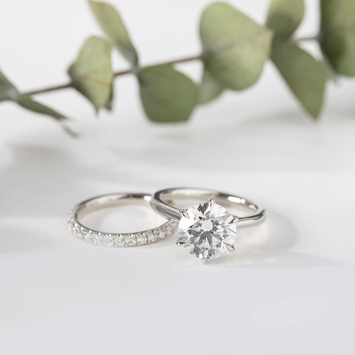 Round Lab Diamond 6 - Claw Tulip Cathedral Bridal Set — Engagement Ring with Half Eternity U - Shaped Pavé Band - FIORESE JEWELRY
