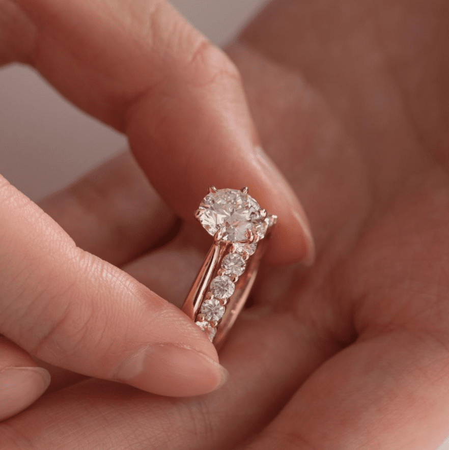 Round Lab Diamond 6 - Prong Floral Bridal Set — Engagement Ring with 9 - Stone Matching Band - FIORESE JEWELRY