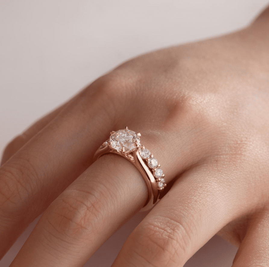 Round Lab Diamond 6 - Prong Floral Bridal Set — Engagement Ring with 9 - Stone Matching Band - FIORESE JEWELRY