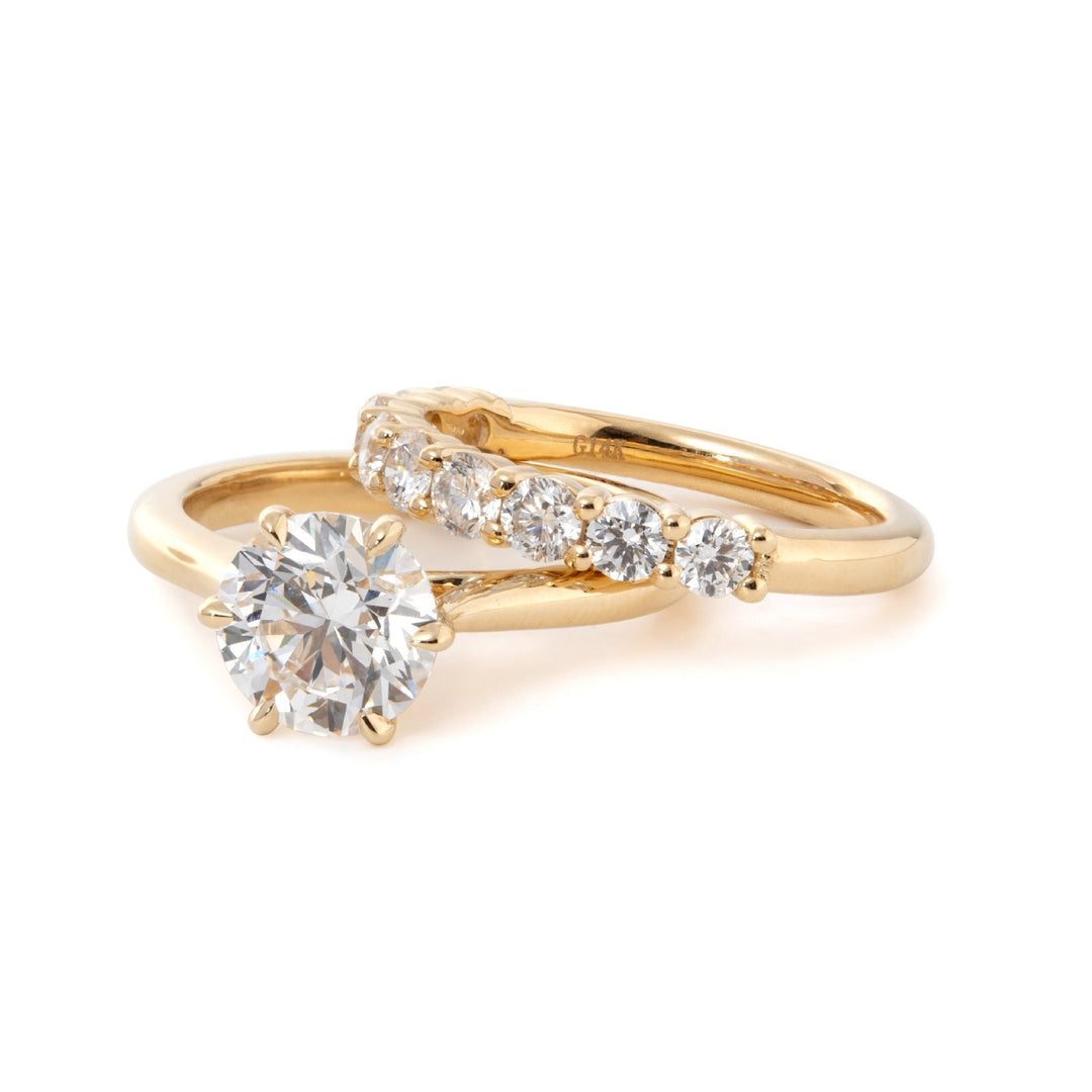 Round Lab Diamond 6 - Prong Floral Bridal Set — Engagement Ring with 9 - Stone Matching Band - FIORESE JEWELRY