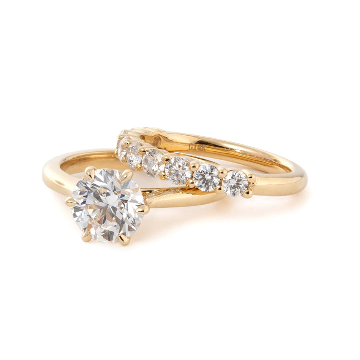 Round Lab Diamond 6 - Prong Floral Bridal Set — Engagement Ring with 9 - Stone Matching Band - FIORESE JEWELRY