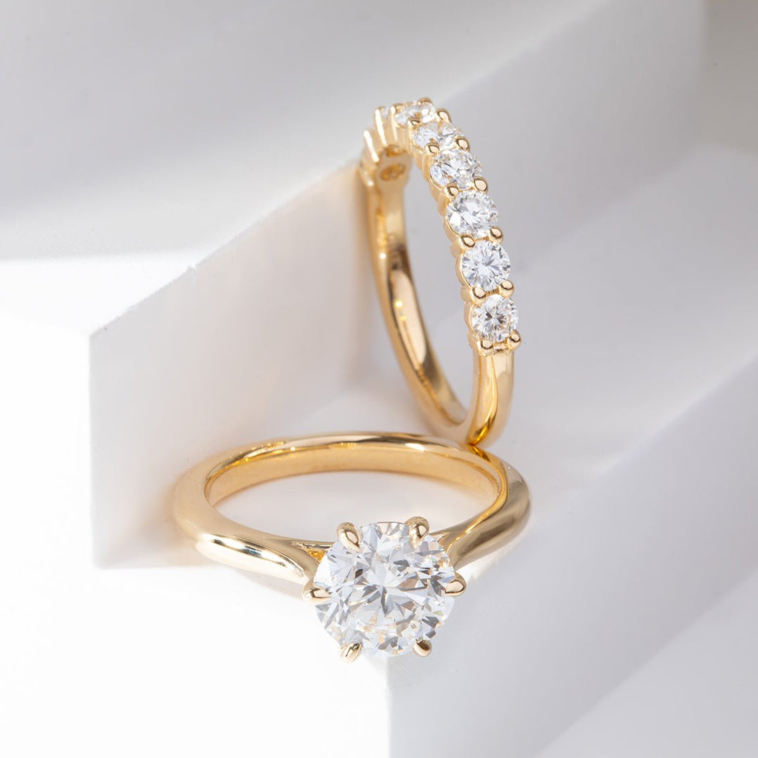 Round Lab Diamond 6 - Prong Floral Bridal Set — Engagement Ring with 9 - Stone Matching Band - FIORESE JEWELRY