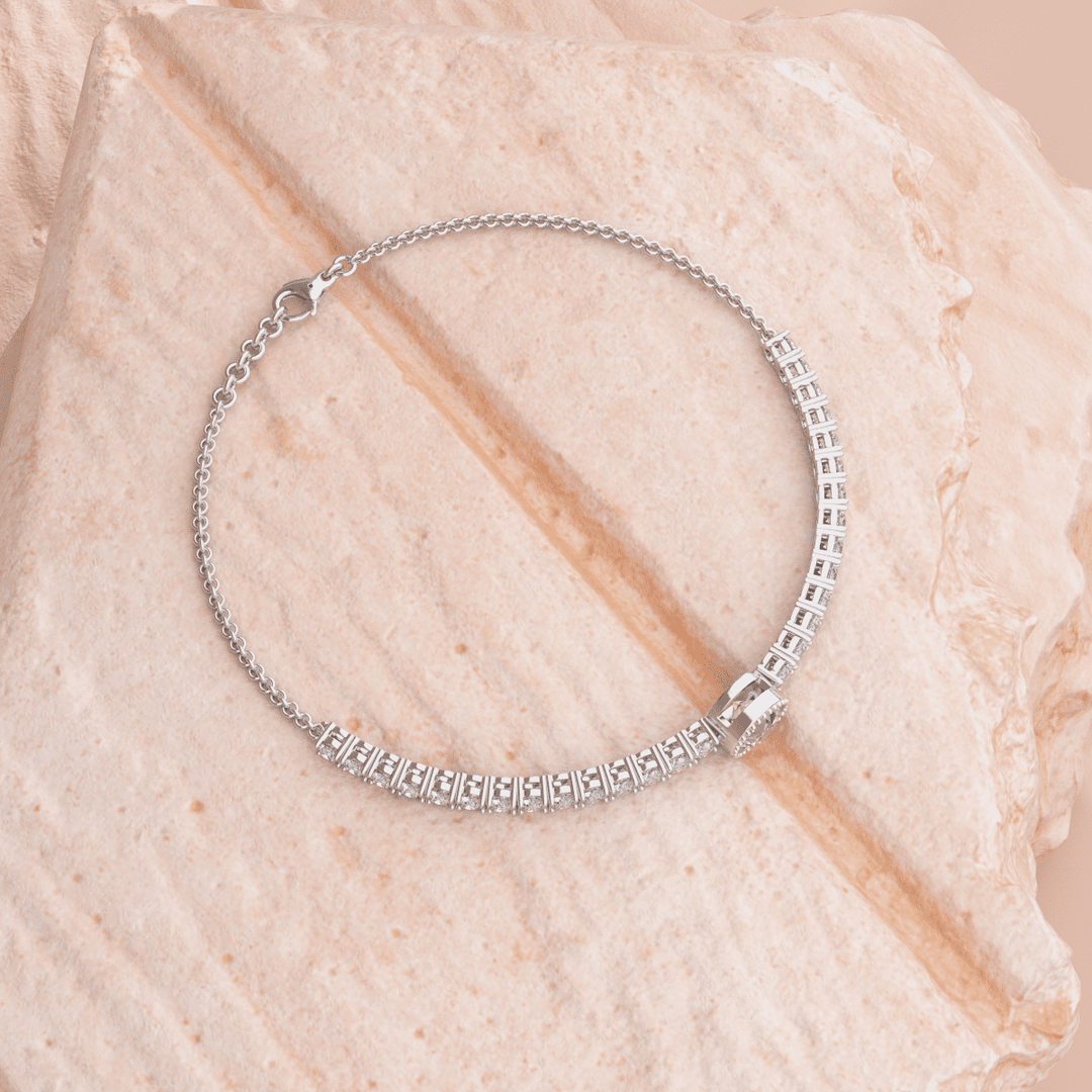 Round Lab Diamond Adjustable Chain Bracelet with a 6mm Millegrain Bezel - Set Center Stone - FIORESE JEWELRY