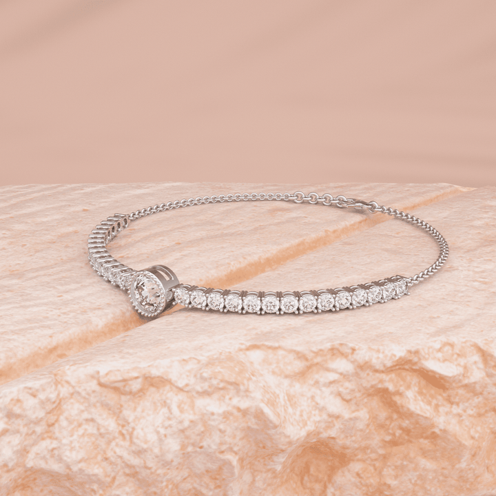 Round Lab Diamond Adjustable Chain Bracelet with a 6mm Millegrain Bezel - Set Center Stone - FIORESE JEWELRY