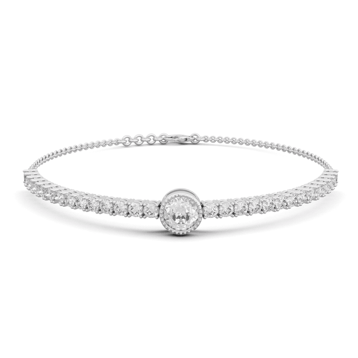 Round Lab Diamond Adjustable Chain Bracelet with a 6mm Millegrain Bezel - Set Center Stone - FIORESE JEWELRY