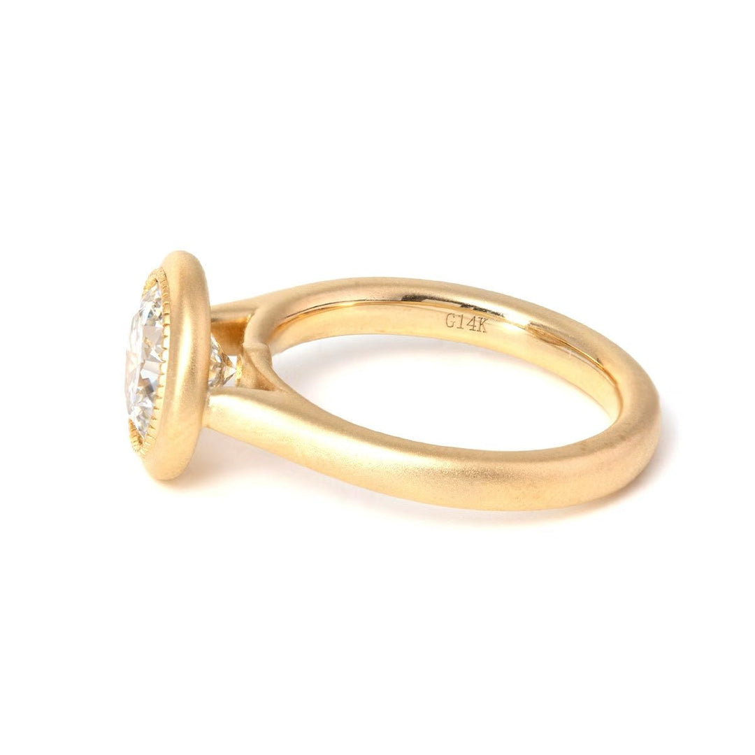 Round Lab Diamond Bezel Cathedral Bridal Set — Matte Engagement Ring with Twisted Matching Band - FIORESE JEWELRY