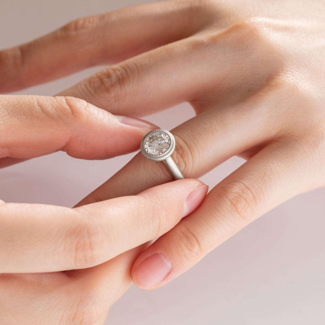 Round Lab Diamond Bezel Cathedral Bridal Set — Matte Engagement Ring with Twisted Matching Band - FIORESE JEWELRY