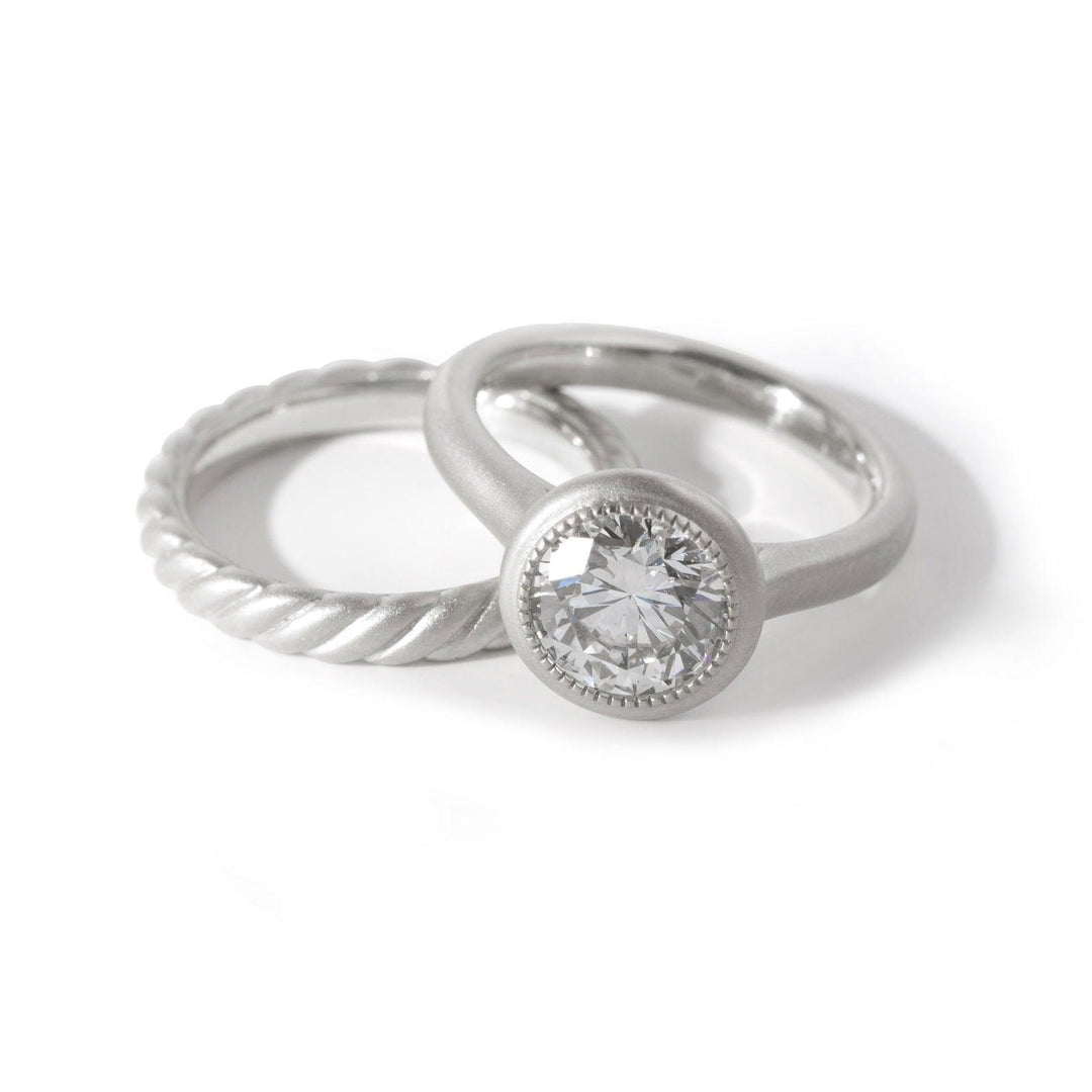 Round Lab Diamond Bezel Cathedral Bridal Set — Matte Engagement Ring with Twisted Matching Band - FIORESE JEWELRY