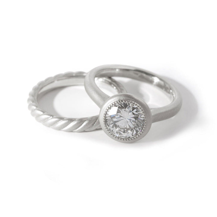 Round Lab Diamond Bezel Cathedral Bridal Set — Matte Engagement Ring with Twisted Matching Band - FIORESE JEWELRY