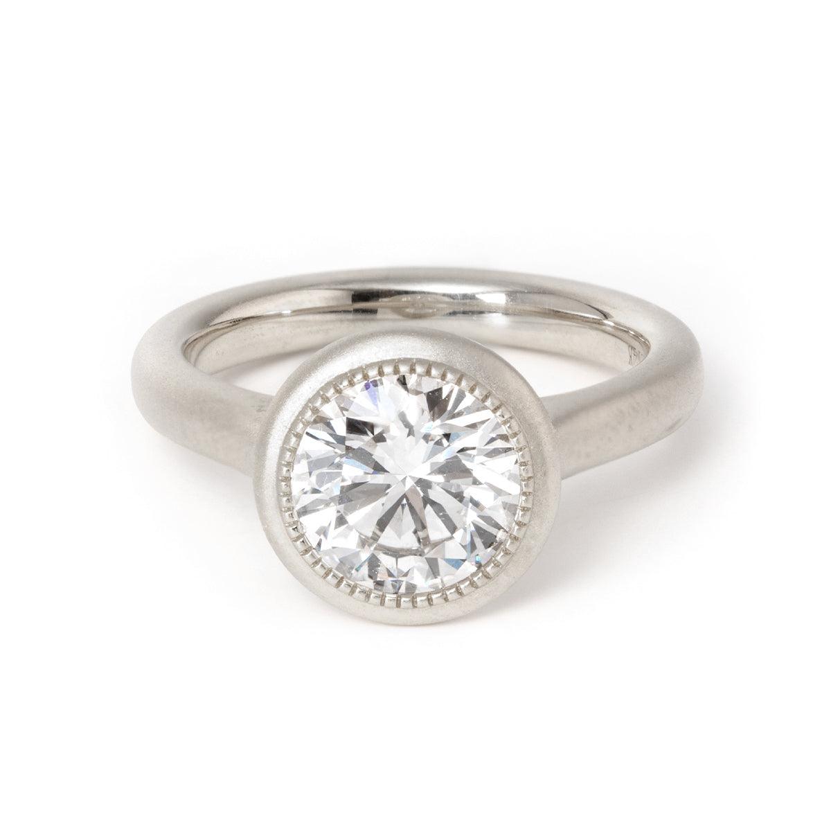 Round Lab Diamond Bezel Cathedral Bridal Set — Matte Engagement Ring with Twisted Matching Band