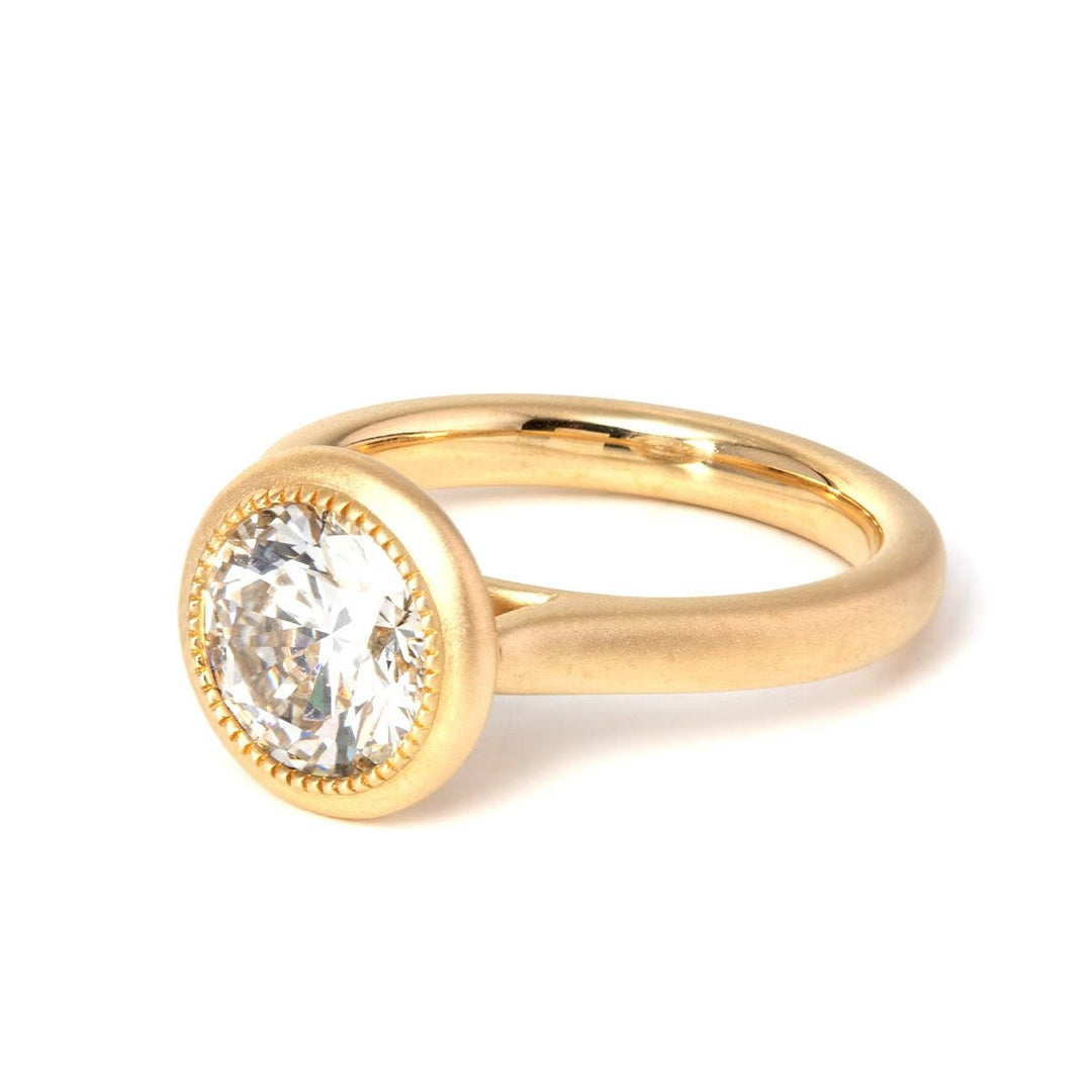 Round Lab Diamond Bezel Cathedral Bridal Set — Matte Engagement Ring with Twisted Matching Band - FIORESE JEWELRY