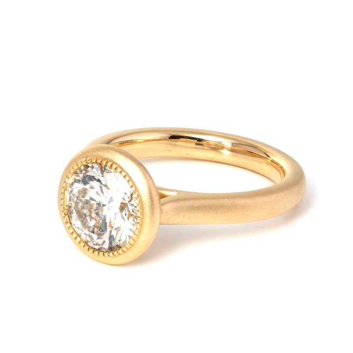Round Lab Diamond Bezel Cathedral Bridal Set — Matte Engagement Ring with Twisted Matching Band - FIORESE JEWELRY