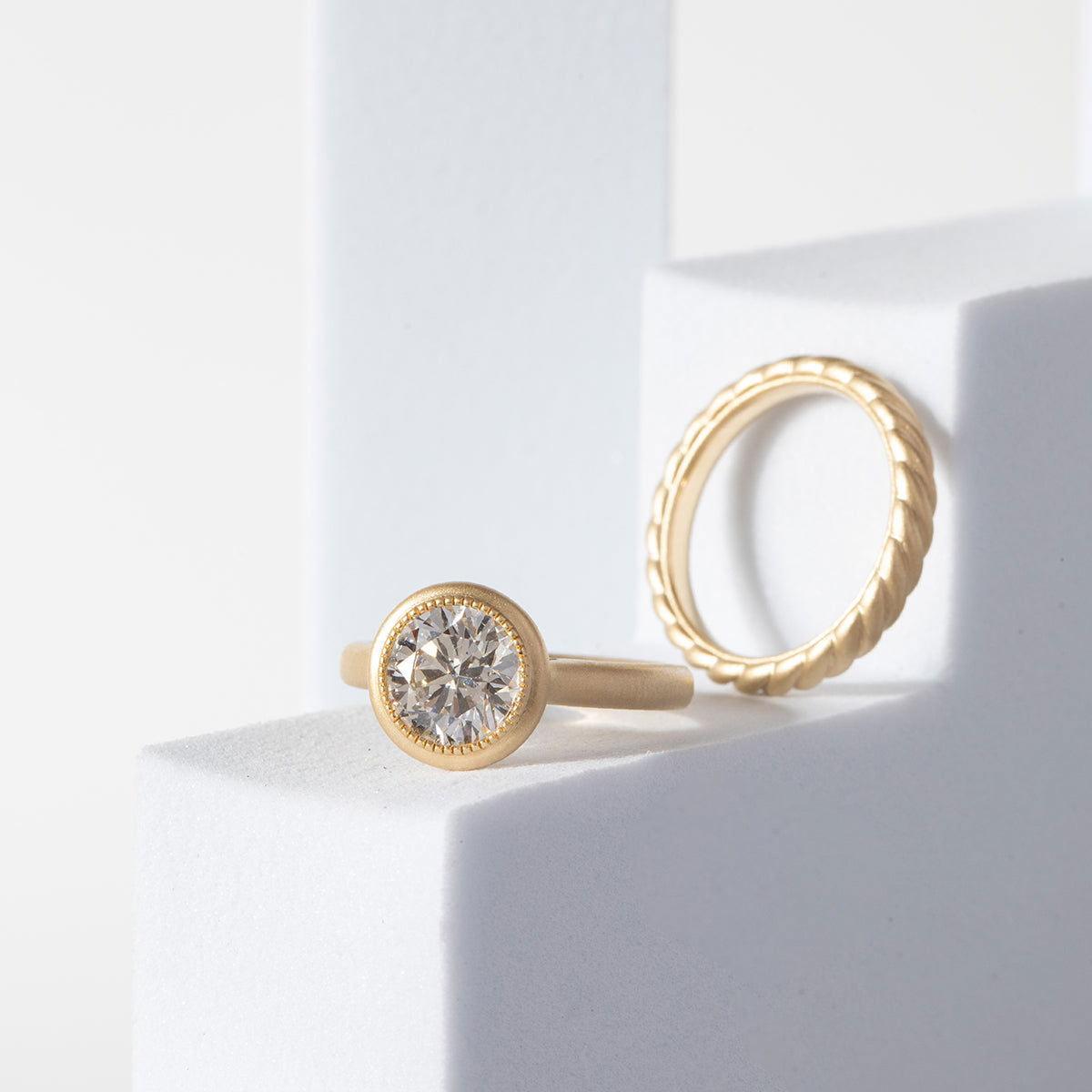 Round Lab Diamond Bezel Cathedral Bridal Set — Matte Engagement Ring with Twisted Matching Band