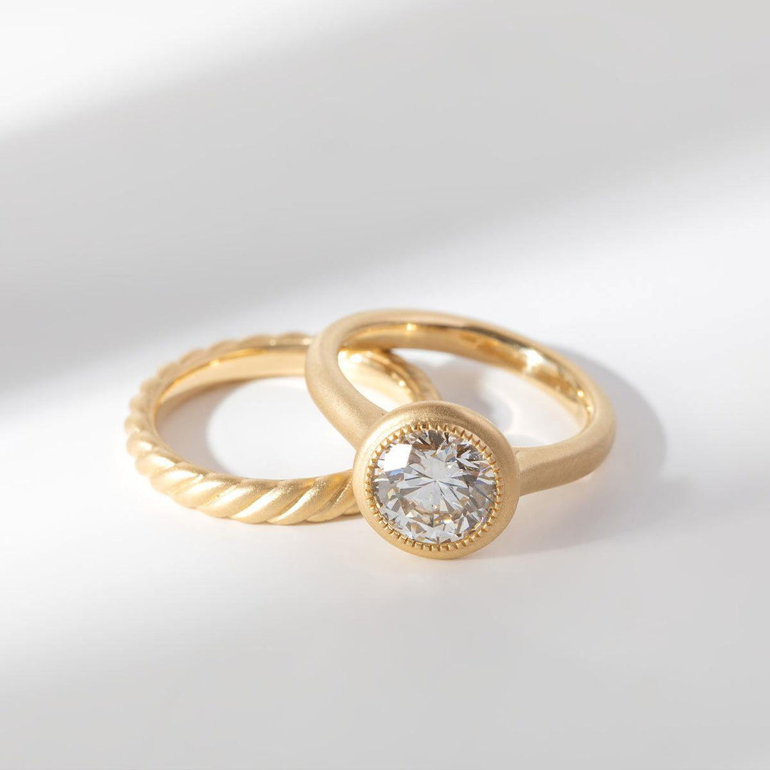 Round Lab Diamond Bezel Cathedral Bridal Set — Matte Engagement Ring with Twisted Matching Band - FIORESE JEWELRY