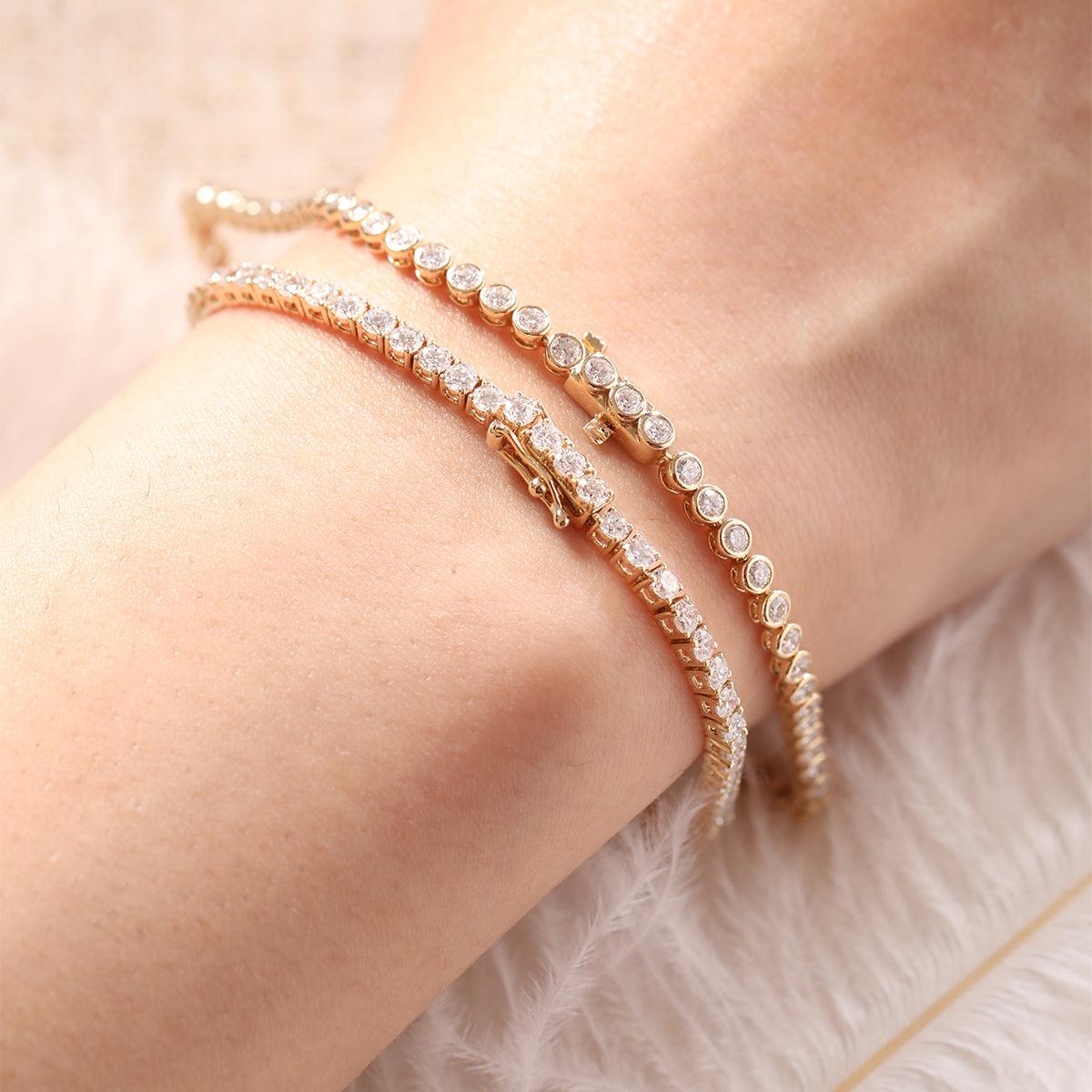 Round Lab Diamond Bezel - Set Basket Tennis Bracelet with Box Clasp - FIORESE JEWELRY