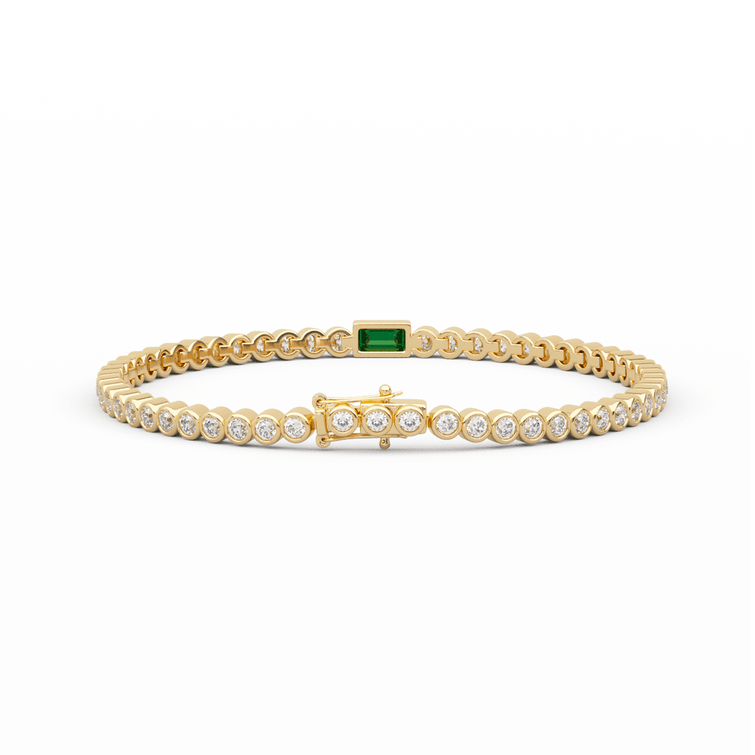Round Lab Diamond Bezel - Set Tennis Bracelet with a Baguette Cut Lab Emerald Center Stone - FIORESE JEWELRY