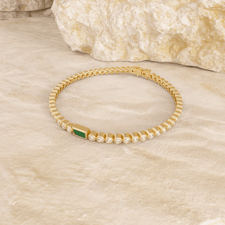 Round Lab Diamond Bezel - Set Tennis Bracelet with a Baguette Cut Lab Emerald Center Stone - FIORESE JEWELRY