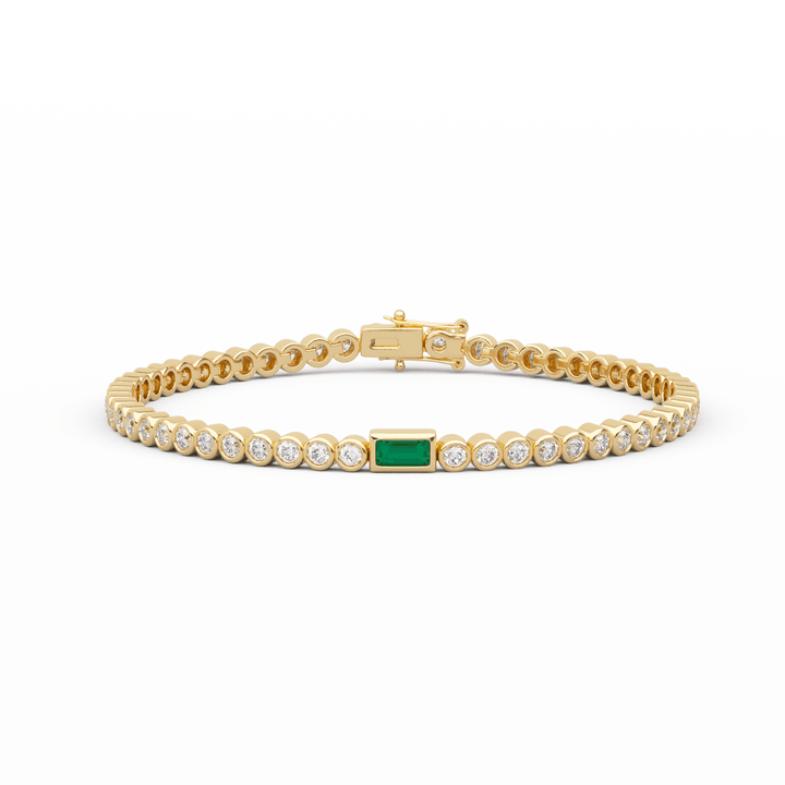 Round Lab Diamond Bezel - Set Tennis Bracelet with a Baguette Cut Lab Emerald Center Stone - FIORESE JEWELRY