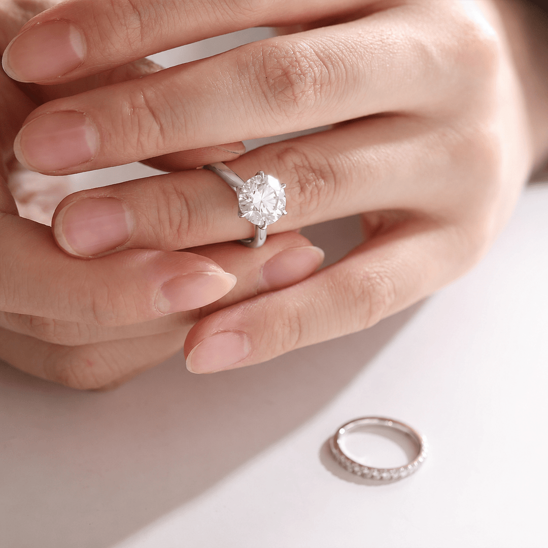 Round Lab Diamond Engagement Ring with Tulip Setting Bridal Set - FIORESE JEWELRY