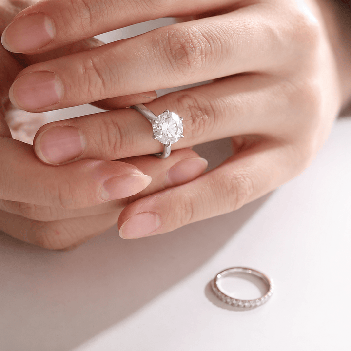 Round Lab Diamond Engagement Ring with Tulip Setting Bridal Set - FIORESE JEWELRY