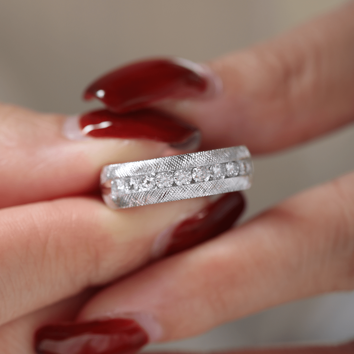 Round Lab Diamond Half-Eternity Men's Wedding Ring with 11-Stone Channel Setting and Florentine Finish