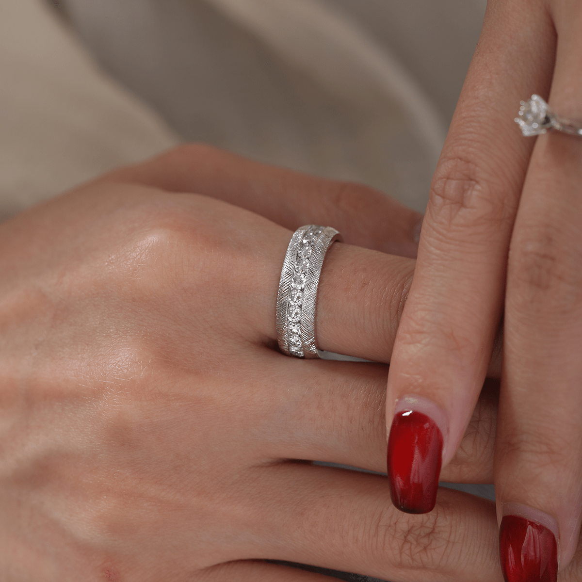 Round Lab Diamond Half-Eternity Men's Wedding Ring with 11-Stone Channel Setting and Florentine Finish