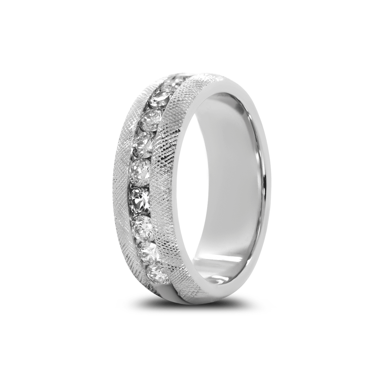Round Lab Diamond Half-Eternity Men's Wedding Ring with 11-Stone Channel Setting and Florentine Finish