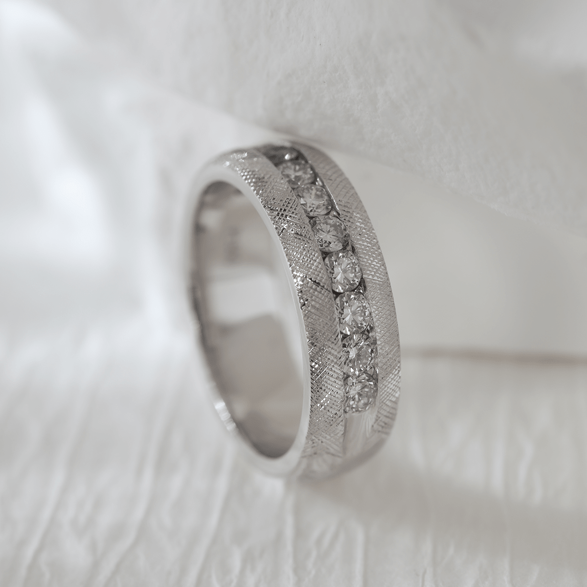 Round Lab Diamond Half-Eternity Men's Wedding Ring with 11-Stone Channel Setting and Florentine Finish