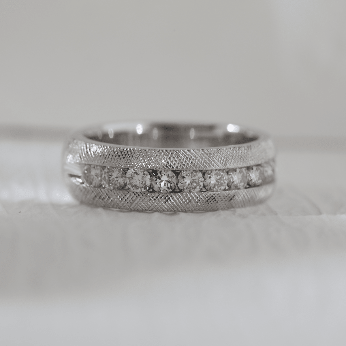 Round Lab Diamond Half-Eternity Men's Wedding Ring with 11-Stone Channel Setting and Florentine Finish