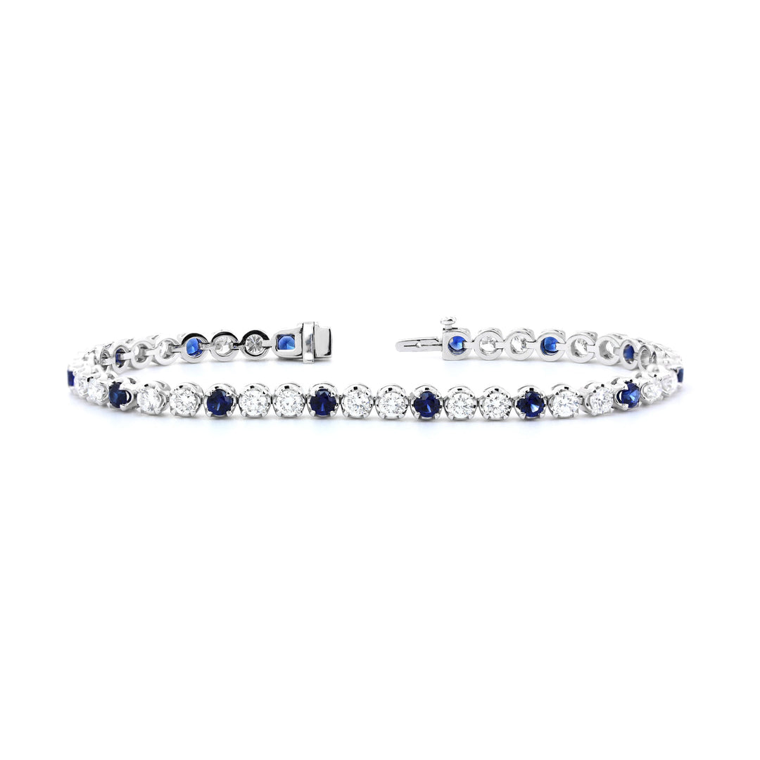 Round Lab Diamond &amp; Royal Blue Lab Sapphire Crown-Set Tennis Bracelet - FIORESE JEWELRY
