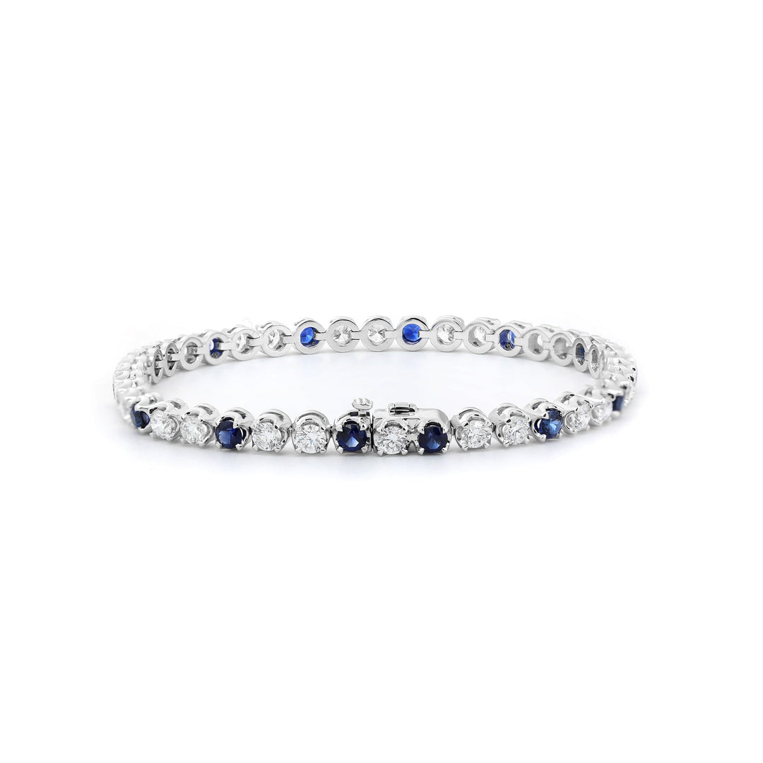 Round Lab Diamond &amp; Royal Blue Lab Sapphire Crown-Set Tennis Bracelet - FIORESE JEWELRY