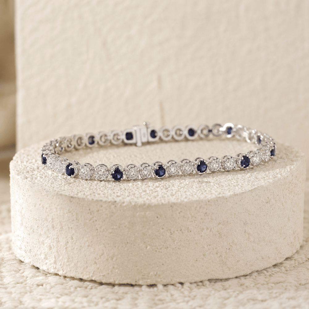Round Lab Diamond & Royal Blue Lab Sapphire Crown-Set Tennis Bracelet - FIORESE JEWELRY