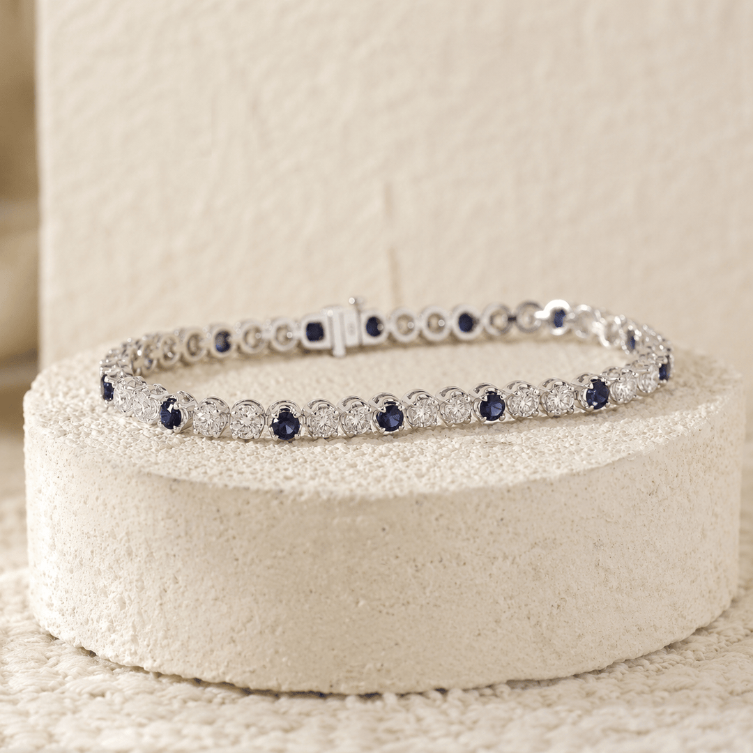 Round Lab Diamond &amp; Royal Blue Lab Sapphire Crown-Set Tennis Bracelet - FIORESE JEWELRY