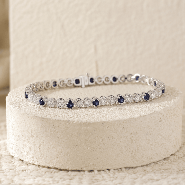 Round Lab Diamond &amp; Royal Blue Lab Sapphire Crown-Set Tennis Bracelet - FIORESE JEWELRY