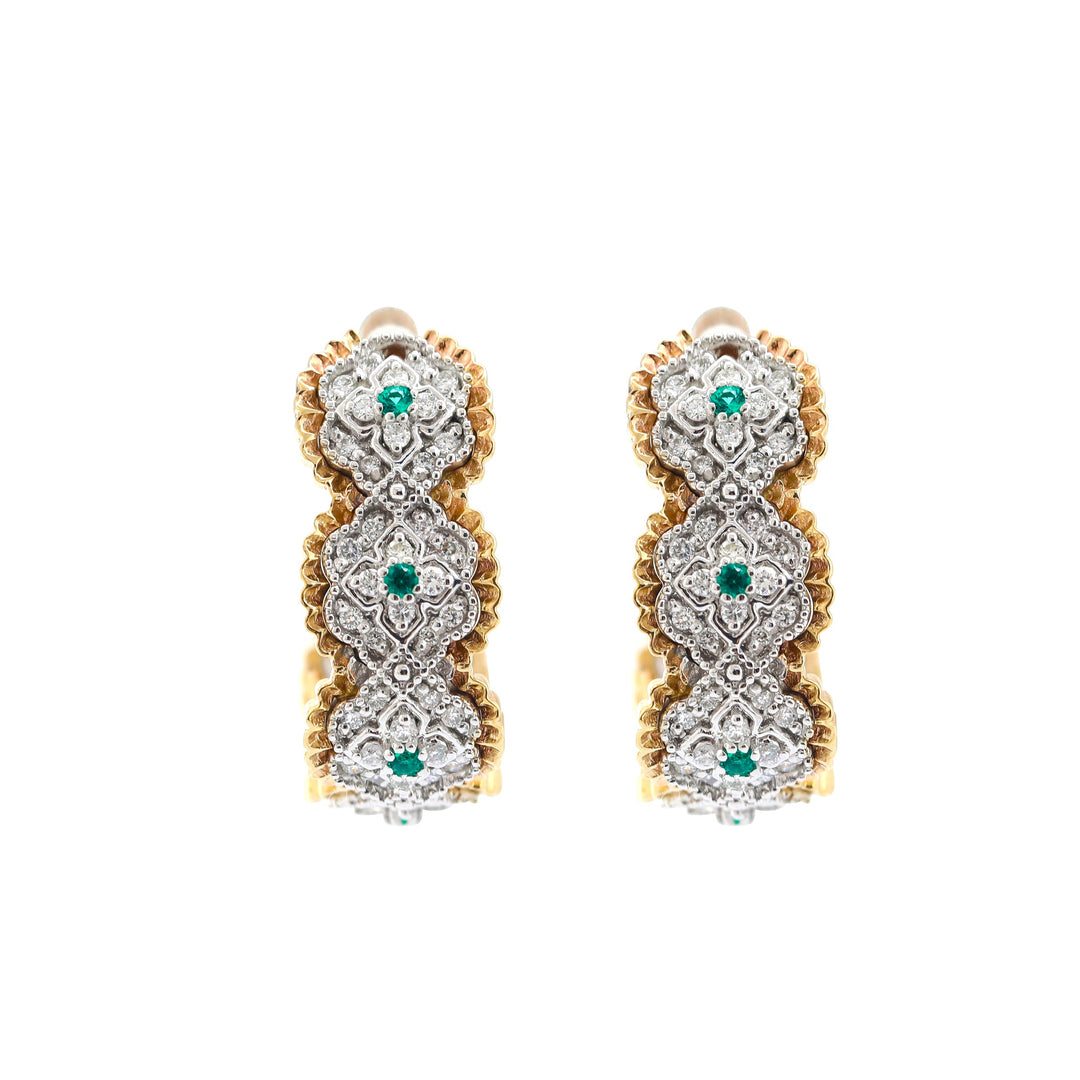 Round Lab Diamond & Zambian Emerald Victorian Stud Earrings with Floral Design - FIORESE JEWELRY