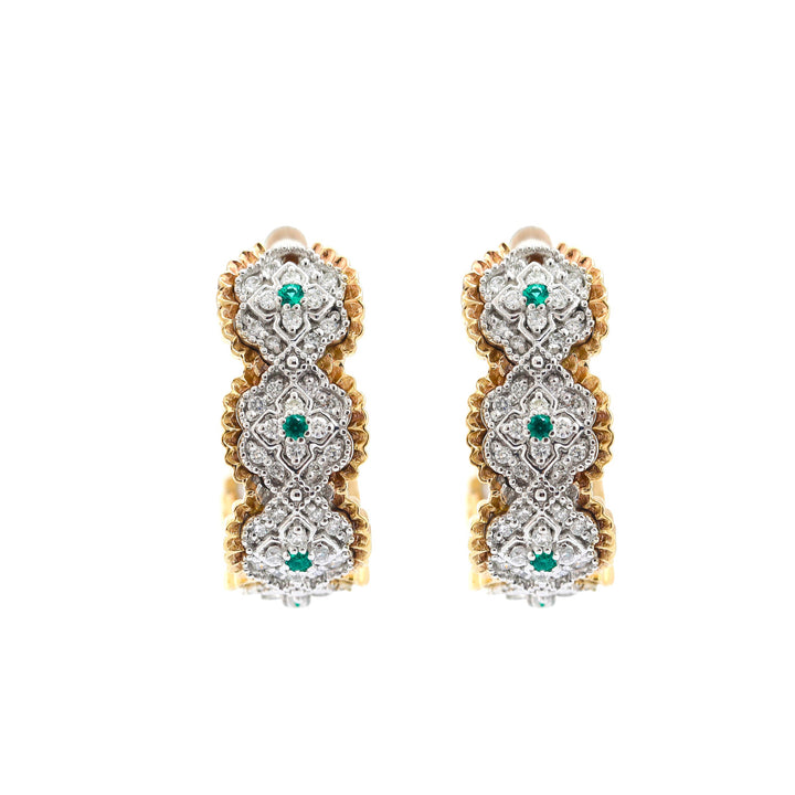 Round Lab Diamond &amp; Zambian Emerald Victorian Stud Earrings with Floral Design - FIORESE JEWELRY