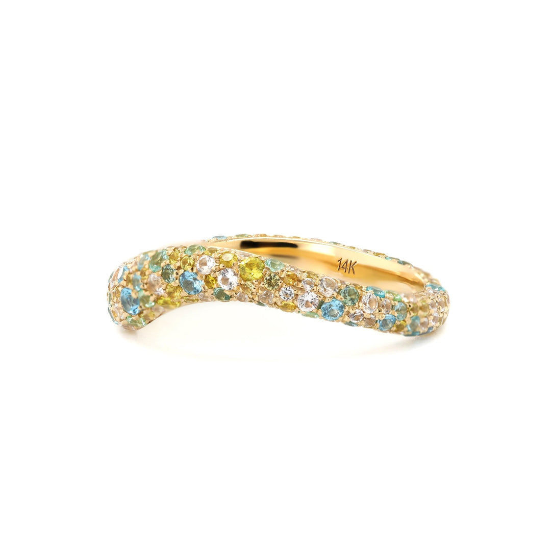 Round Synthetic Colored Sapphire Ring with Pavé Wave Band Design - FIORESE JEWELRY