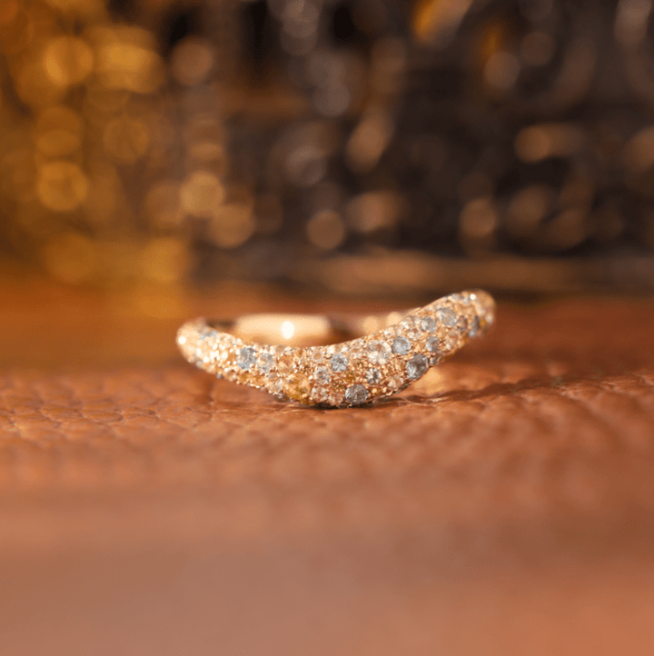 Round Synthetic Colored Sapphire Ring with Pavé Wave Band Design - FIORESE JEWELRY