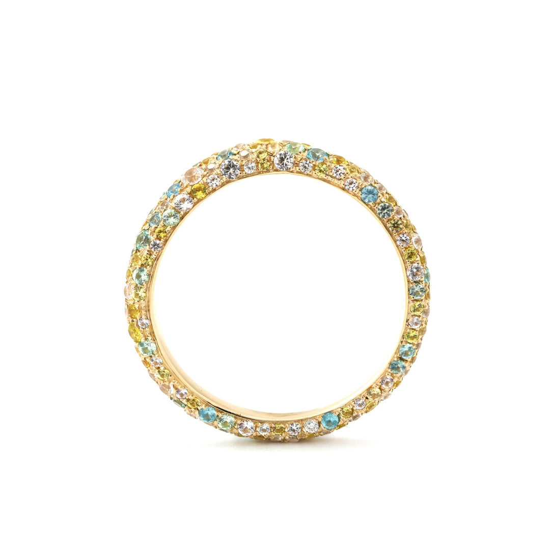 Round Synthetic Colored Sapphire Ring with Pavé Wave Band Design - FIORESE JEWELRY