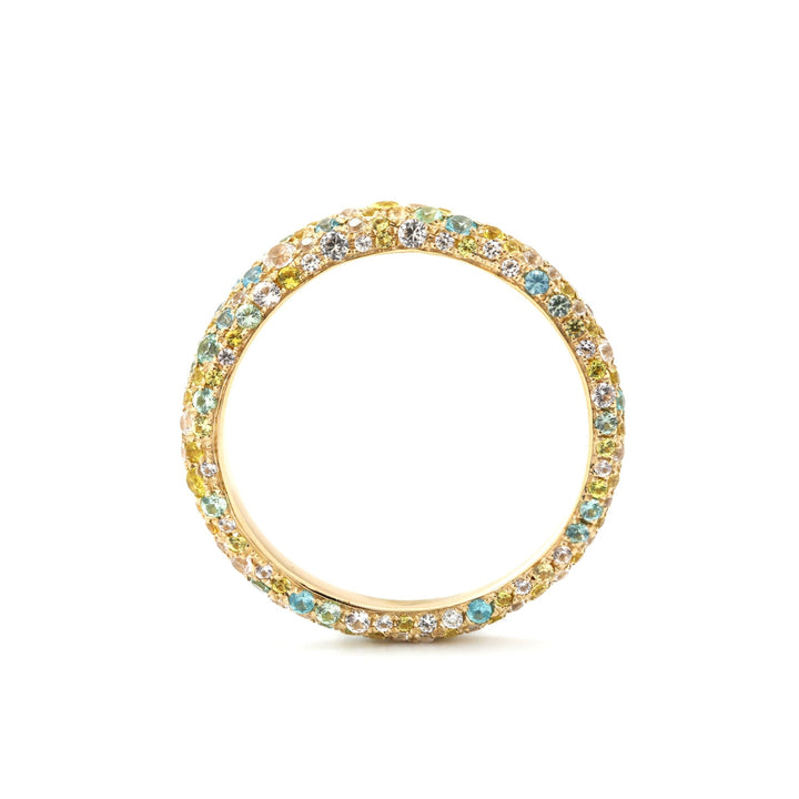 Round Synthetic Colored Sapphire Ring with Pavé Wave Band Design - FIORESE JEWELRY