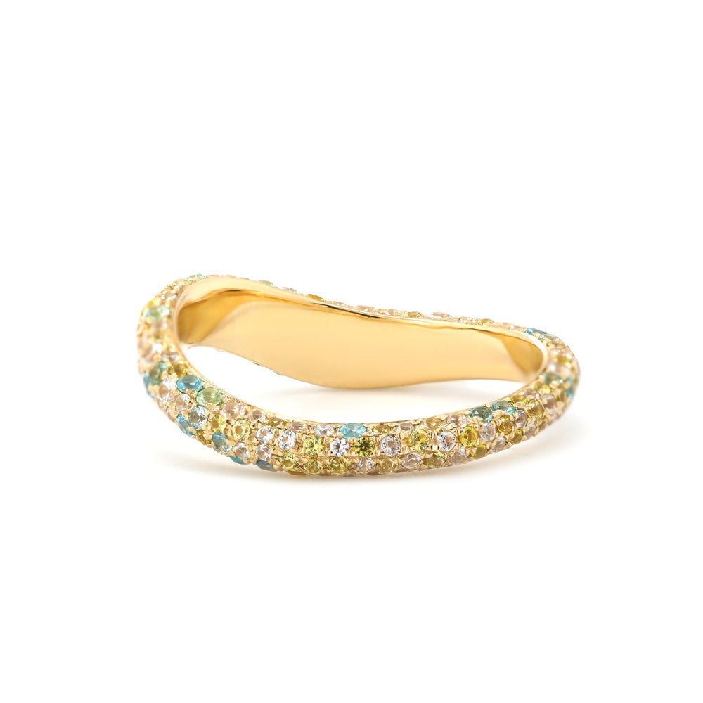 Round Synthetic Colored Sapphire Ring with Pavé Wave Band Design - FIORESE JEWELRY