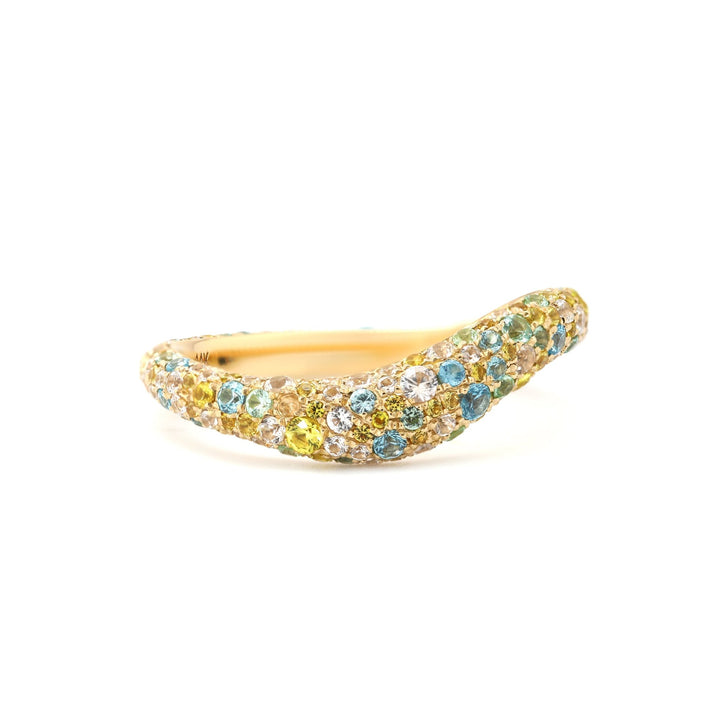 Round Synthetic Colored Sapphire Ring with Pavé Wave Band Design - FIORESE JEWELRY