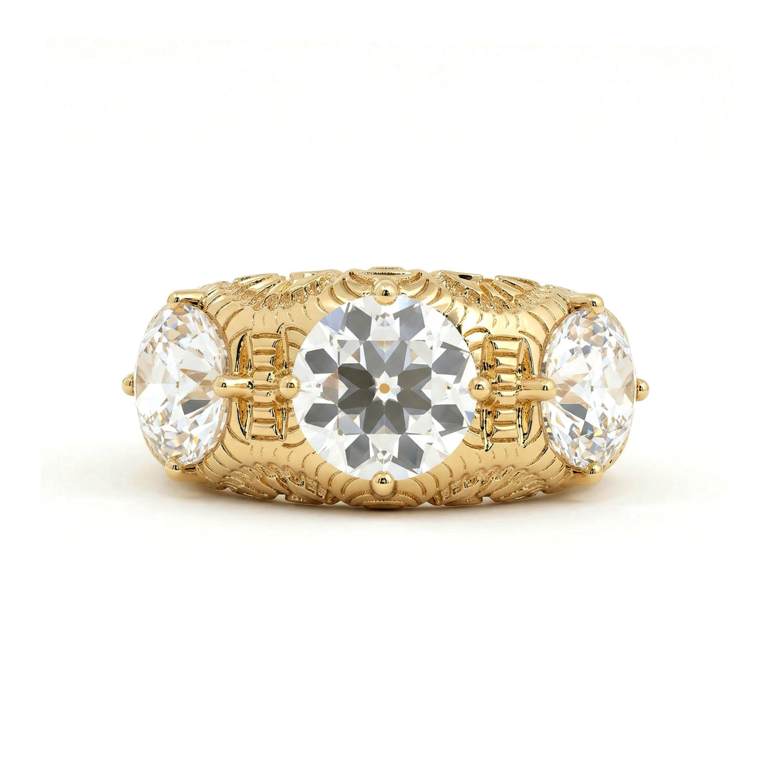 Vintage Style Hand - engraved Three Stone Old European Cut Lab Diamond Ring - FIORESE JEWELRY